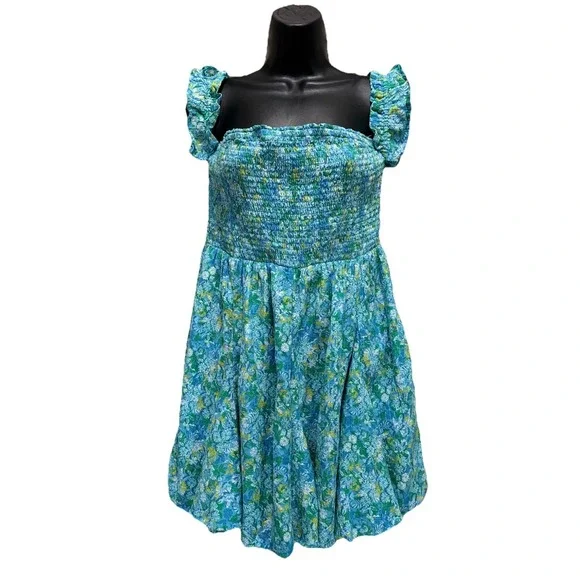 American Eagle Teal/Yellow Floral Sundress Size L Smocked Body Ruffle Straps - Picture 1 of 8